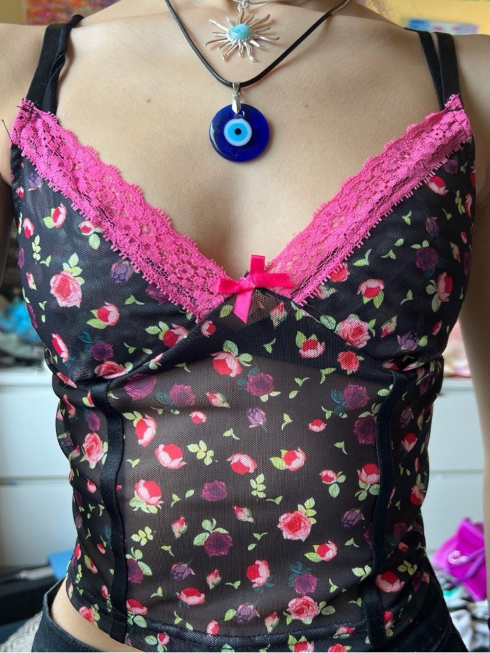 Sheer Black Floral Lace Cami with Pink Trim